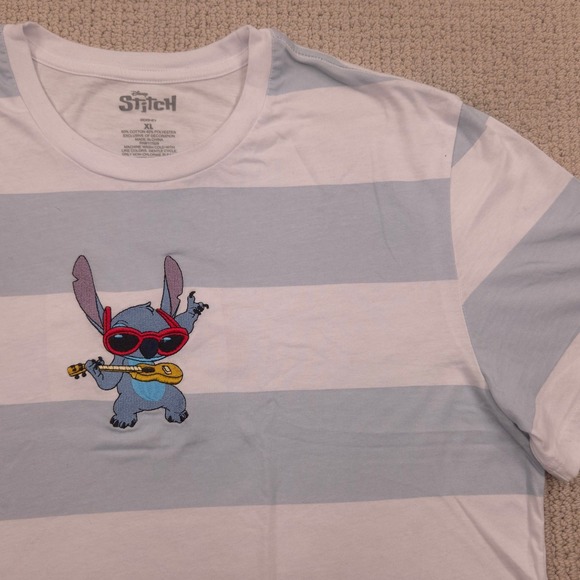 Disney Tops - Disney Stitch Ukulele Embroidered‎ Graphic T-Shirt Striped Blue White Womens XL